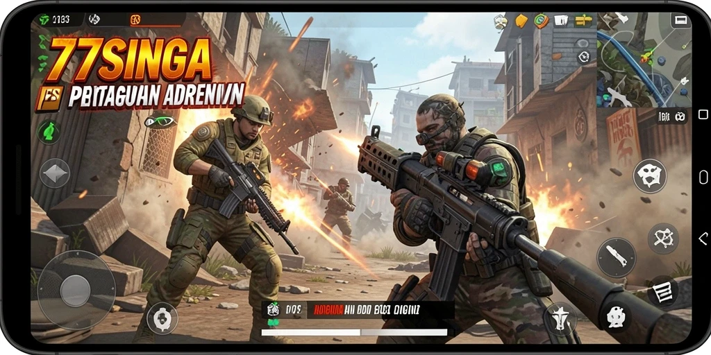 Screenshot 77SINGA menampilkan aksi gameplay FPS yang mendebarkan.