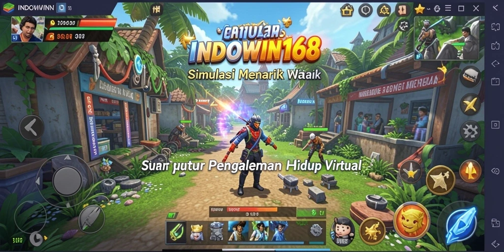 Tangkapan layar gameplay INDOWIN168 menunjukkan karakter berinteraksi di dunia virtual.