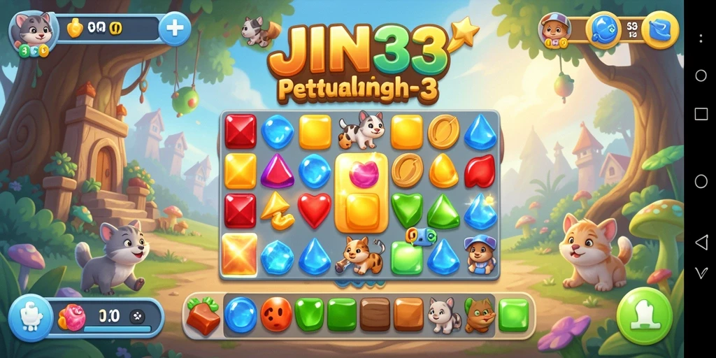 Screenshot JIN33 menampilkan gameplay seru match-3 dengan warna-warni yang menarik.