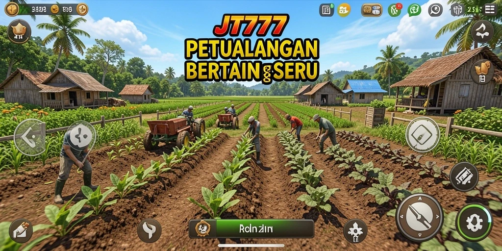 Screenshot utama JT777 menampilkan gameplay pertanian yang penuh warna.