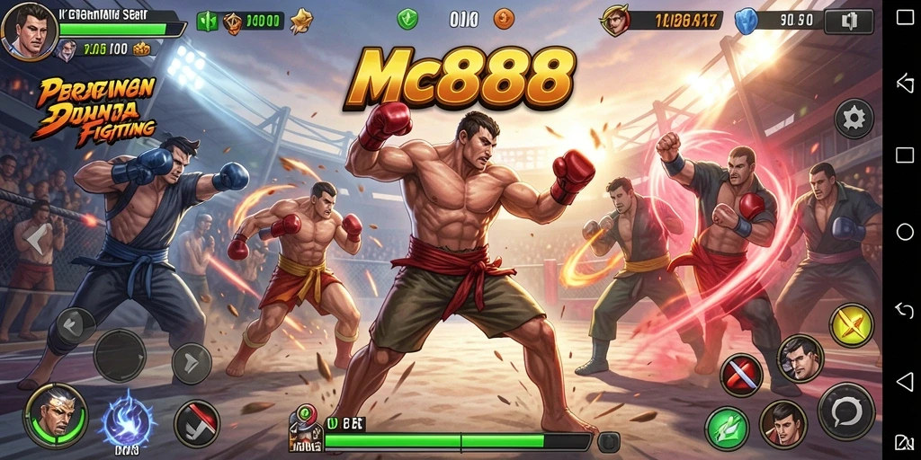 Screenshot MC888 menunjukkan karakter-karakter beraksi dalam pertarungan yang intens.