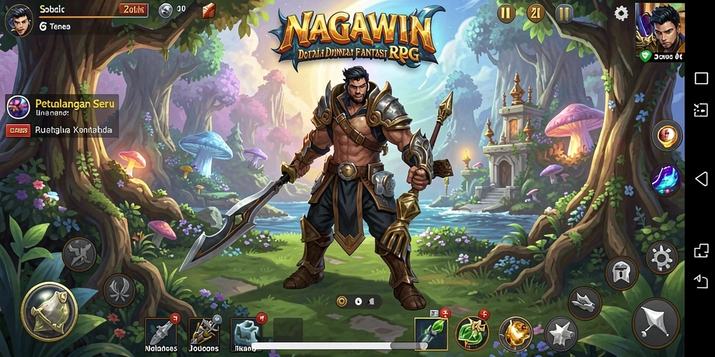 Tangkapan layar gameplay NAGAWIN yang menampilkan pertarungan epik di dunia RPG.
