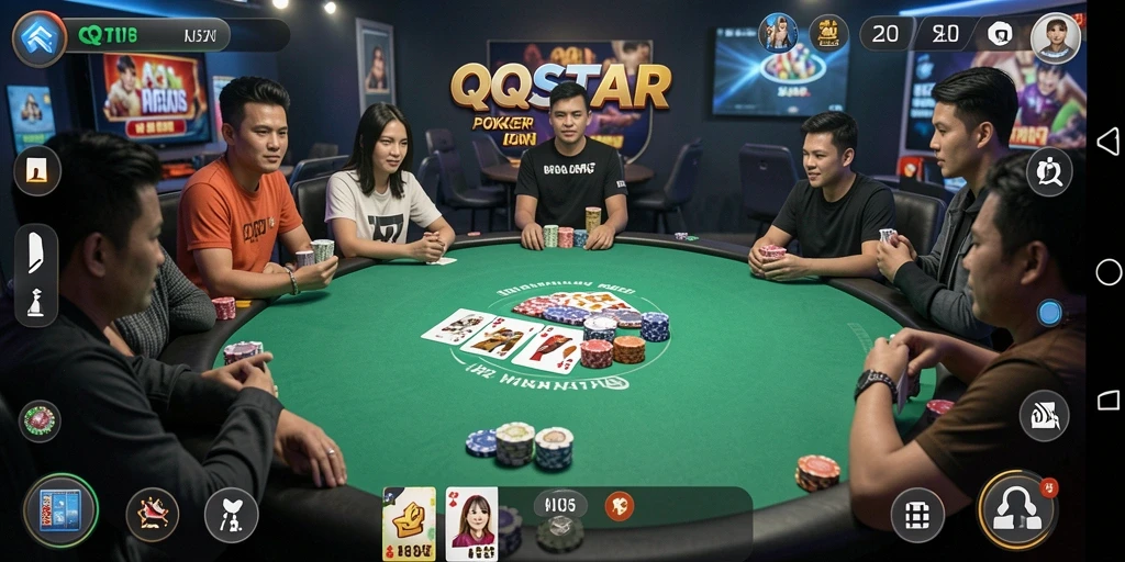 Screenshot QQSTAR menunjukkan pemain menikmati permainan poker yang mendebarkan.