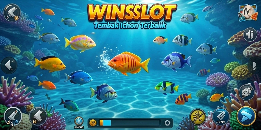 Tampilan gameplay WINSLOT dengan berbagai ikan dan senjata menembak.